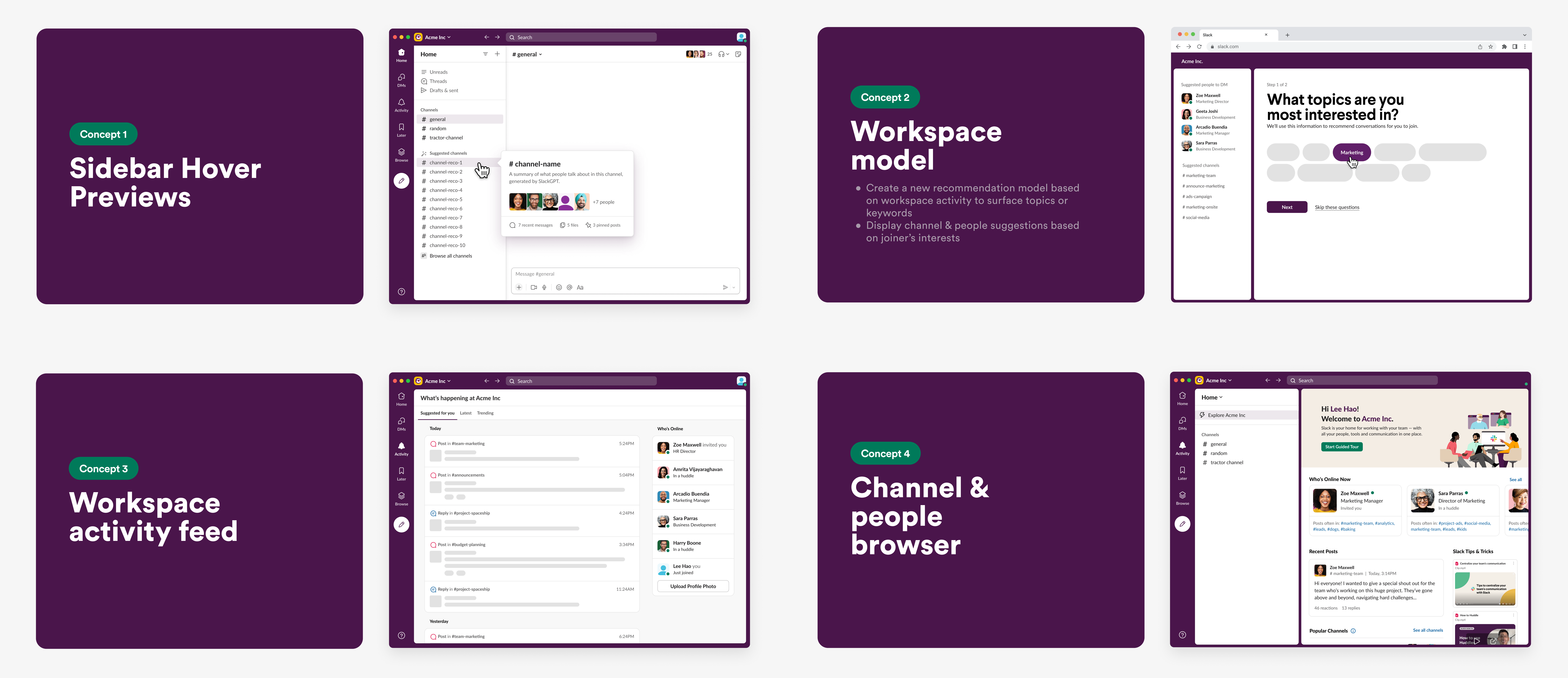 Divergent design concepts for first experiment: [1] Sidebar hover previews, [2] Workspace model, [3] Workspace activity feed, [4] Channel and people browser