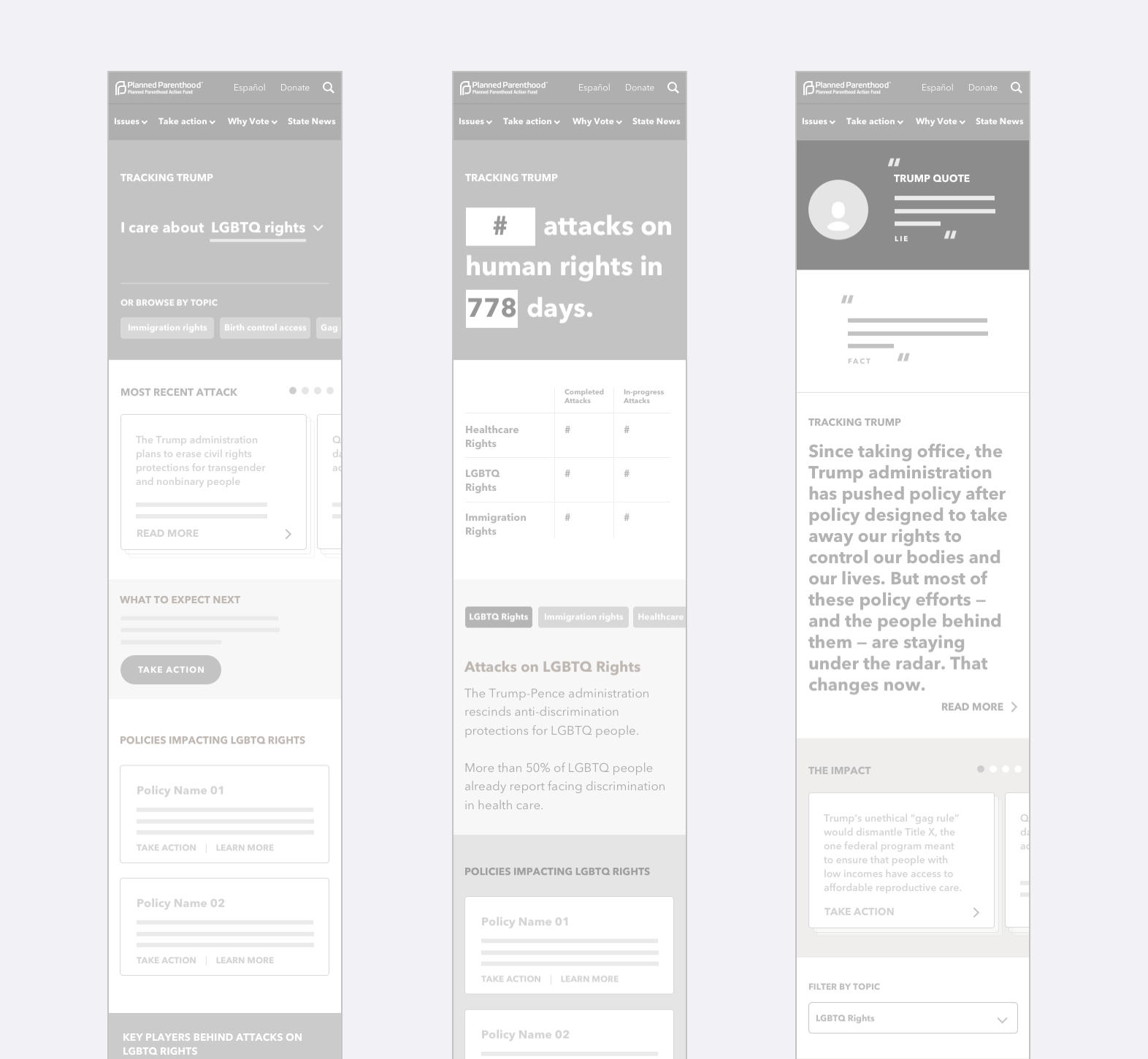 Tracking Tr*mp concept wireframes for homepage